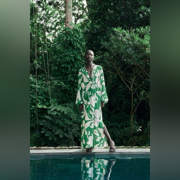 NWT H&M Balloon-sleeve Viscose Maxi Dress Green/White/Floral Sz XS S M L XL XXL - Picture 4 of 6